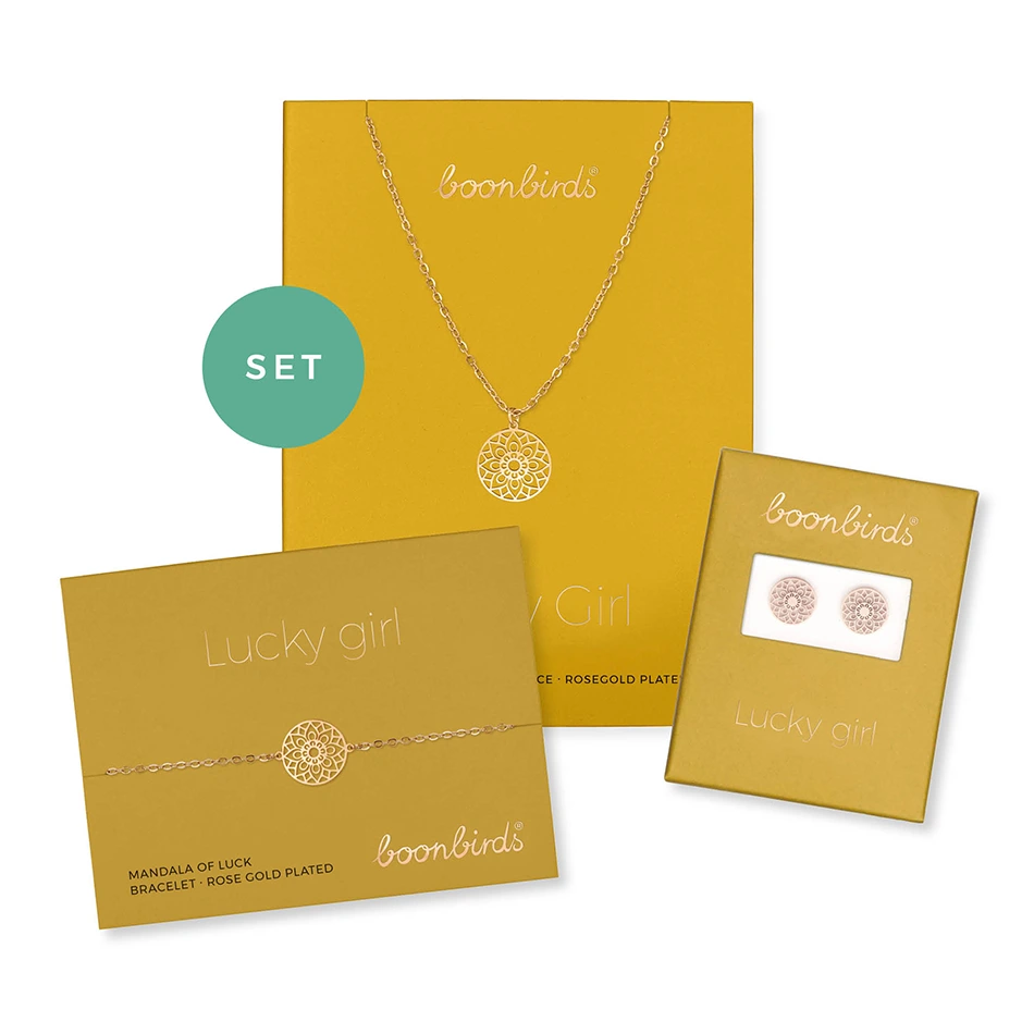 Mandala des Glücks Set SELECTION Halskette Armband Ohrstecker rosevergoldet boonbirds