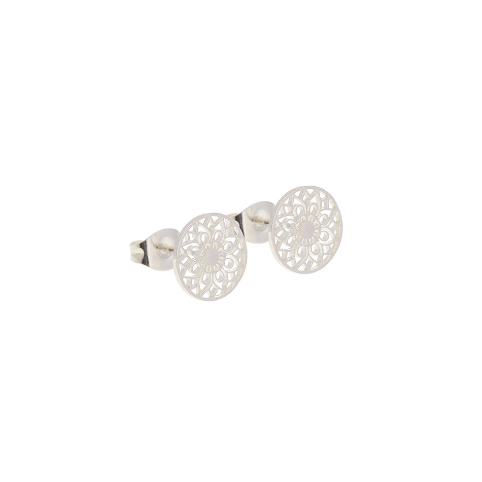 Versilberte Ohrstecker mit dem Motiv Mandala des Glücks von der Marke boonbirds
