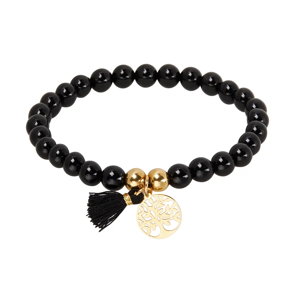 Echtsteinarmband KARMA – Achat schwarz gefärbt, Baum des Lebens, vergoldet