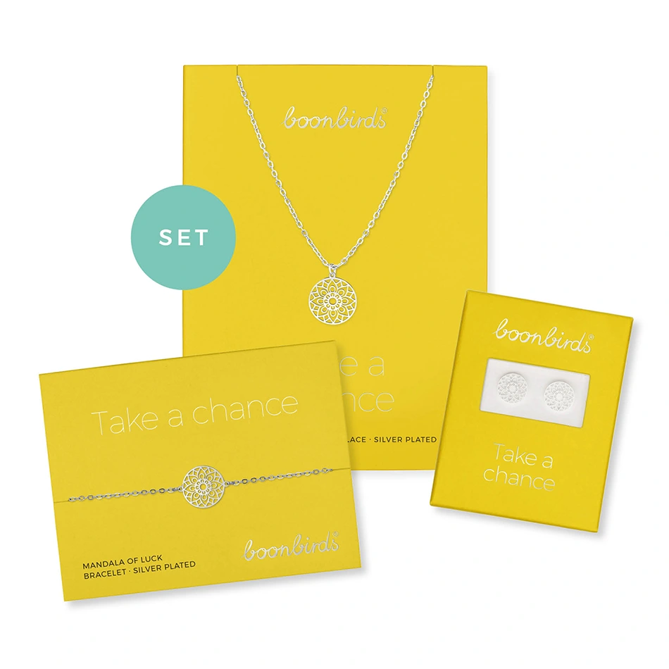 Mandala des Glücks Set SELECTION Halskette Armband Ohrstecker versilbert boonbirds