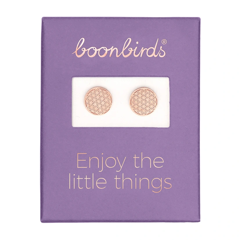 Rosévergoldete Ohrstecker mit dem Motiv Blume des Lebens von der Marke boonbirds
